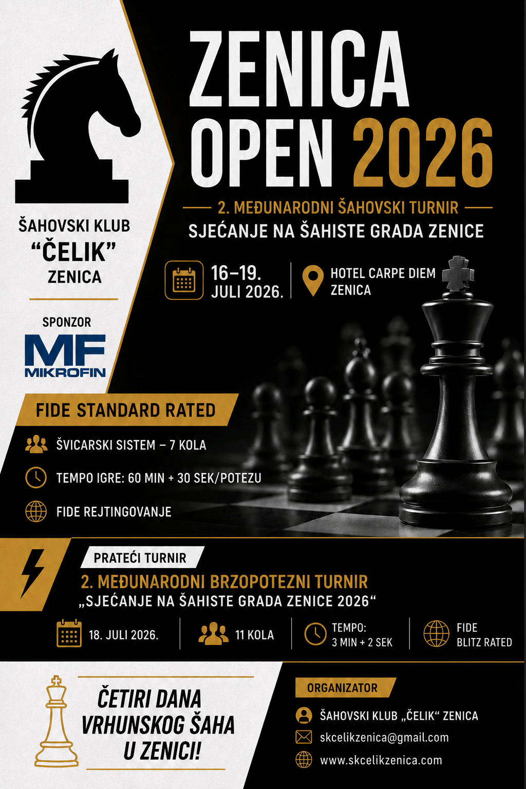 Raspis 2. međunarodni šahovski turnir „Zenica Open 2026“ sjećanje na šahiste grada Zenice